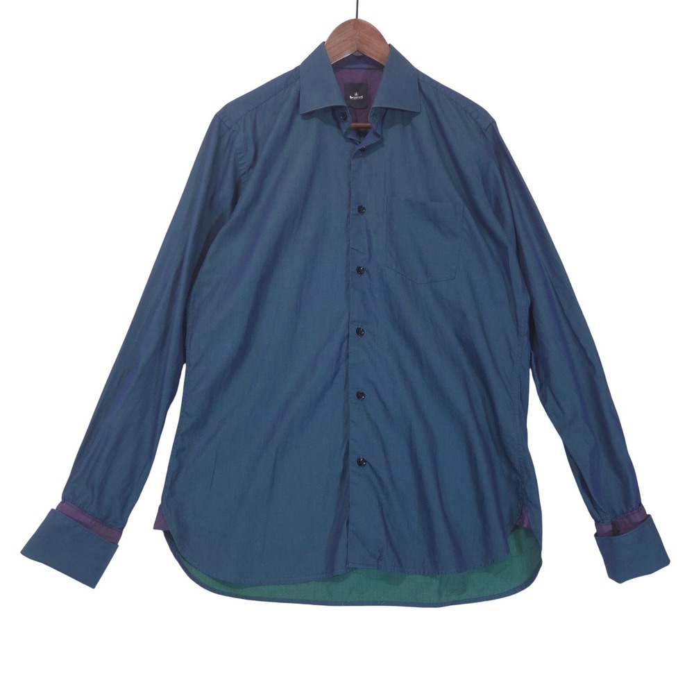 Blackberrys Iridescent Deep Teal Mens Shirt 40 L Cotton Button Down Knot Preppy